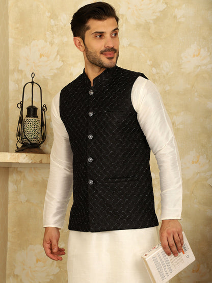 Black Woven Design Nehru Jacket With Kurta Pyjama Set