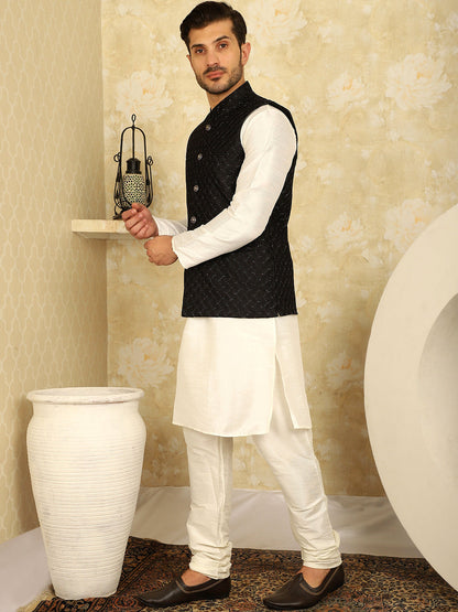 Black Woven Design Nehru Jacket With Kurta Pyjama Set