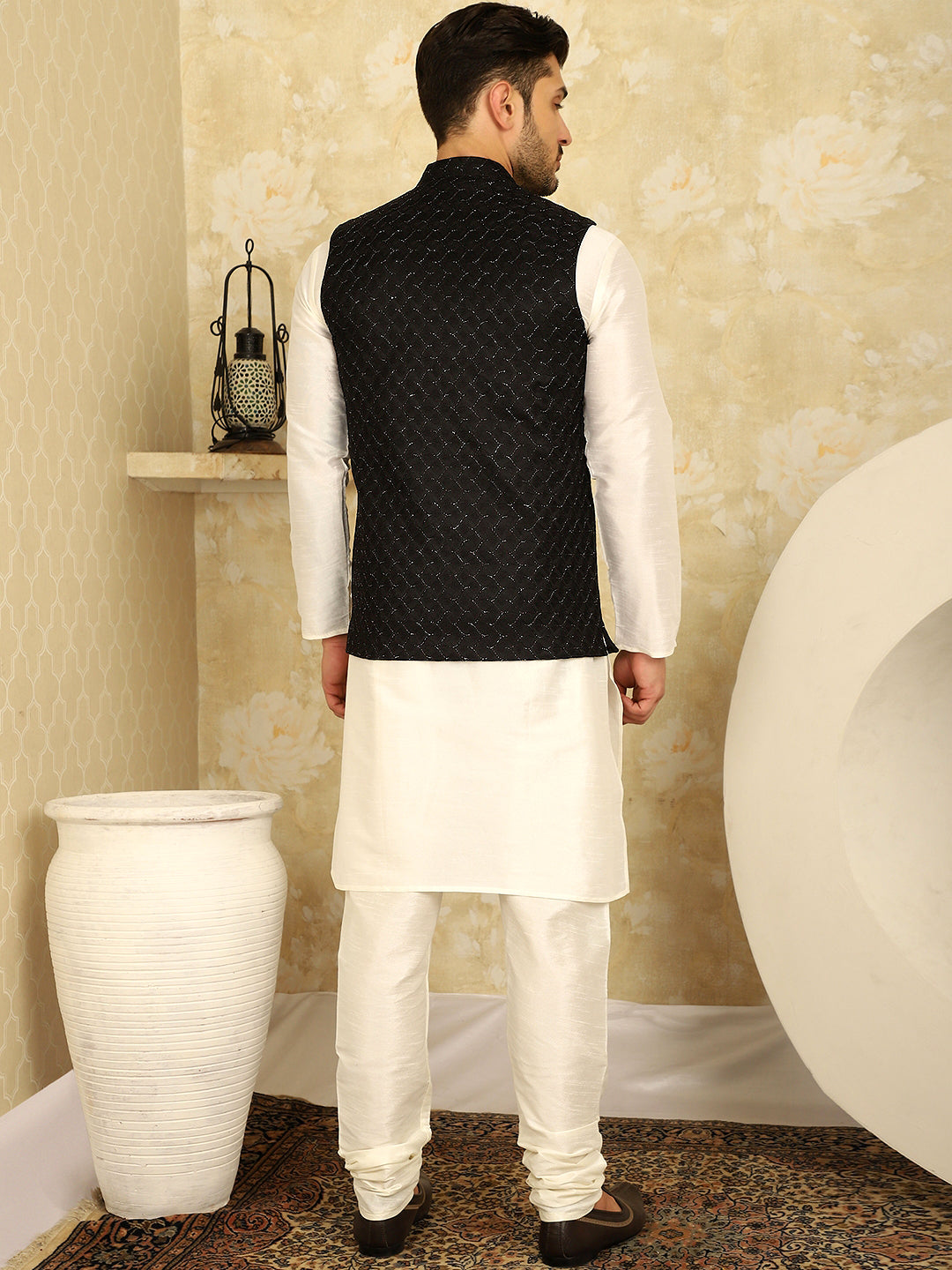 Black Woven Design Nehru Jacket With Kurta Pyjama Set
