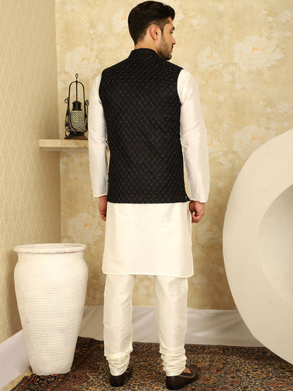 Black Woven Design Nehru Jacket With Kurta Pyjama Set
