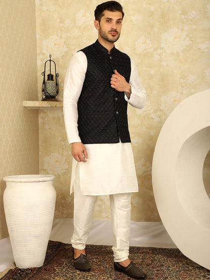 Black Woven Design Nehru Jacket With Kurta Pyjama Set