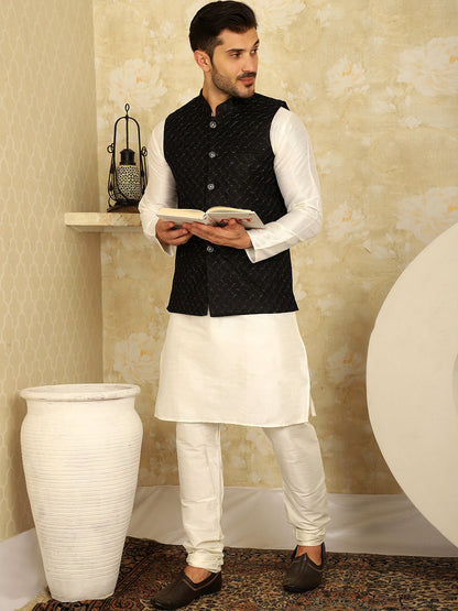 Black Woven Design Nehru Jacket With Kurta Pyjama Set