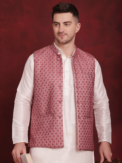 Coral Woven Design Nehru Jacket With Kurta Pyjama Set