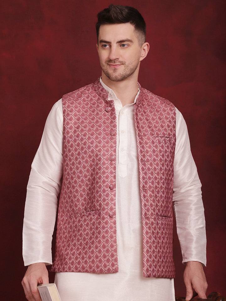 Coral Woven Design Nehru Jacket With Kurta Pyjama Set