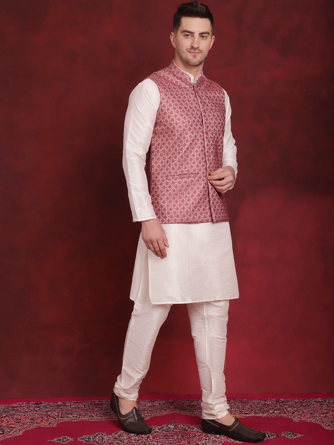 Coral Woven Design Nehru Jacket With Kurta Pyjama Set