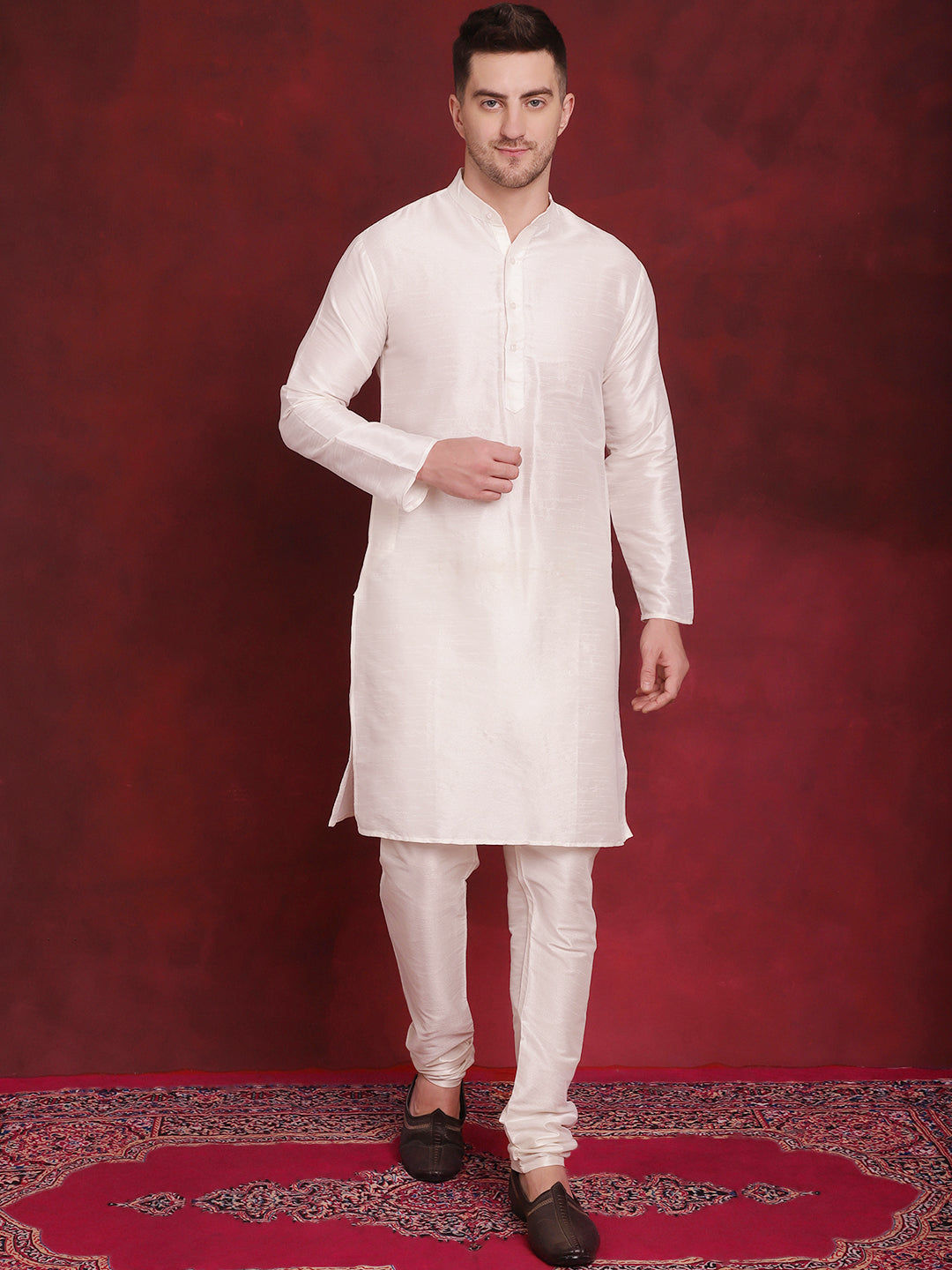 Coral Woven Design Nehru Jacket With Kurta Pyjama Set