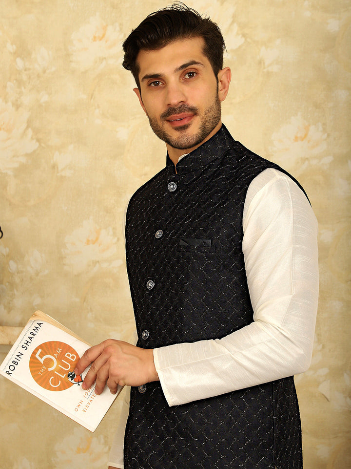 Navy Blue Woven Design Nehru Jacket With Kurta Pyjama Set