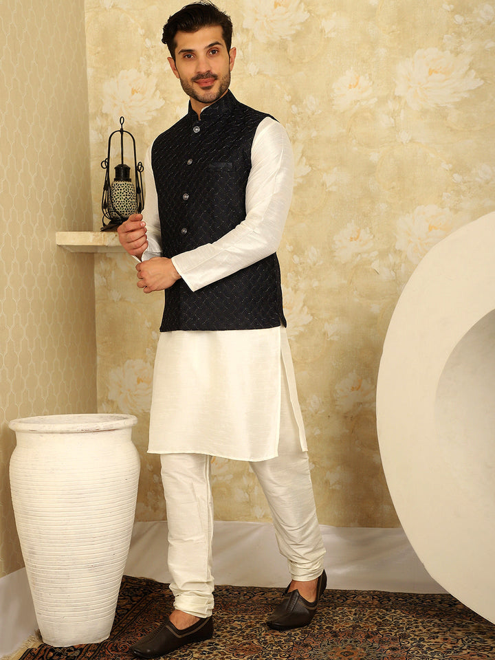 Navy Blue Woven Design Nehru Jacket With Kurta Pyjama Set