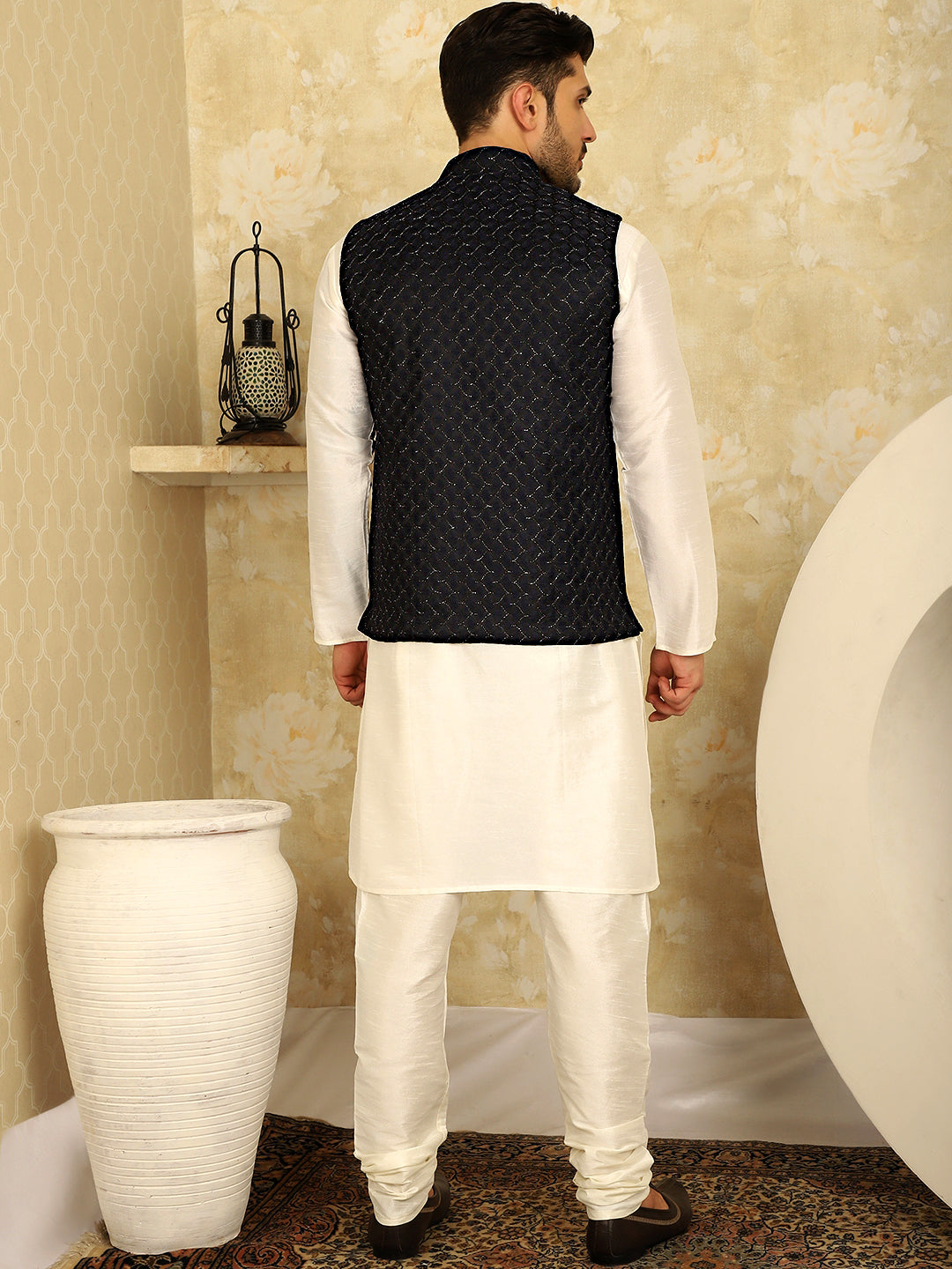 Navy Blue Woven Design Nehru Jacket With Kurta Pyjama Set