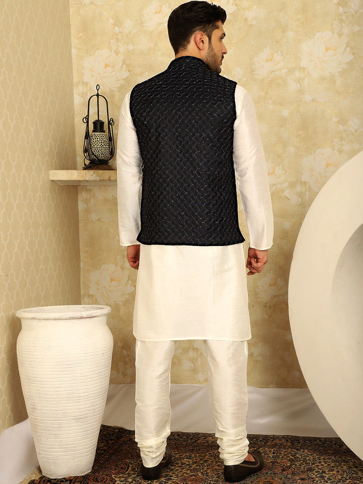Navy Blue Woven Design Nehru Jacket With Kurta Pyjama Set