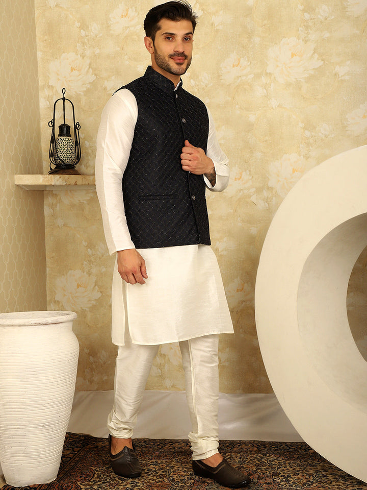 Navy Blue Woven Design Nehru Jacket With Kurta Pyjama Set