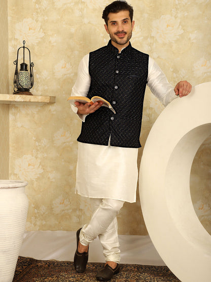 Navy Blue Woven Design Nehru Jacket With Kurta Pyjama Set
