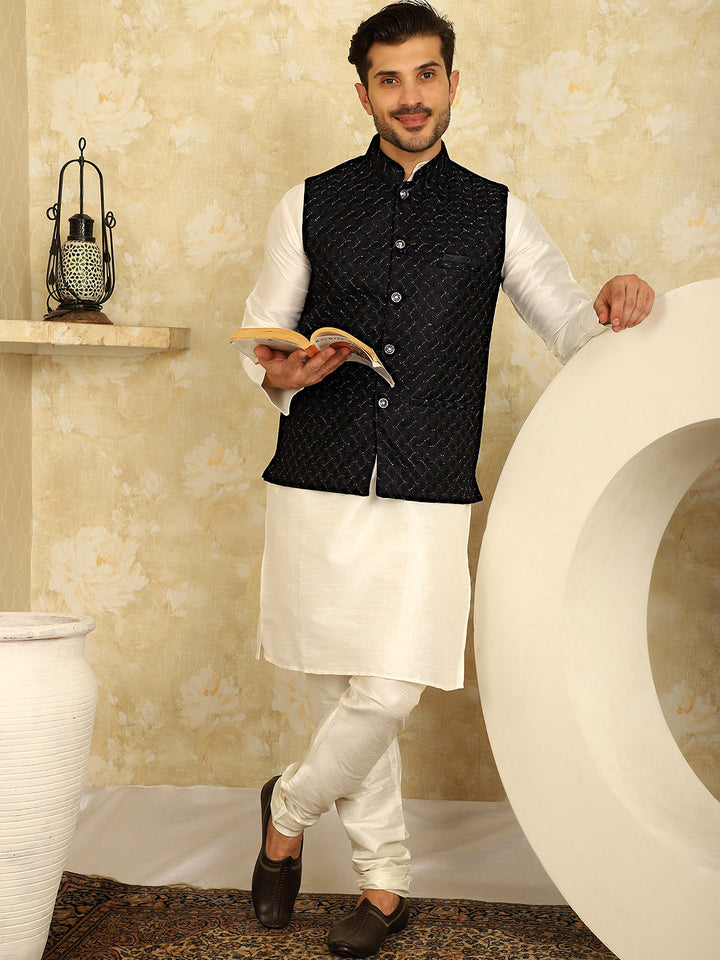 Navy Blue Woven Design Nehru Jacket With Kurta Pyjama Set