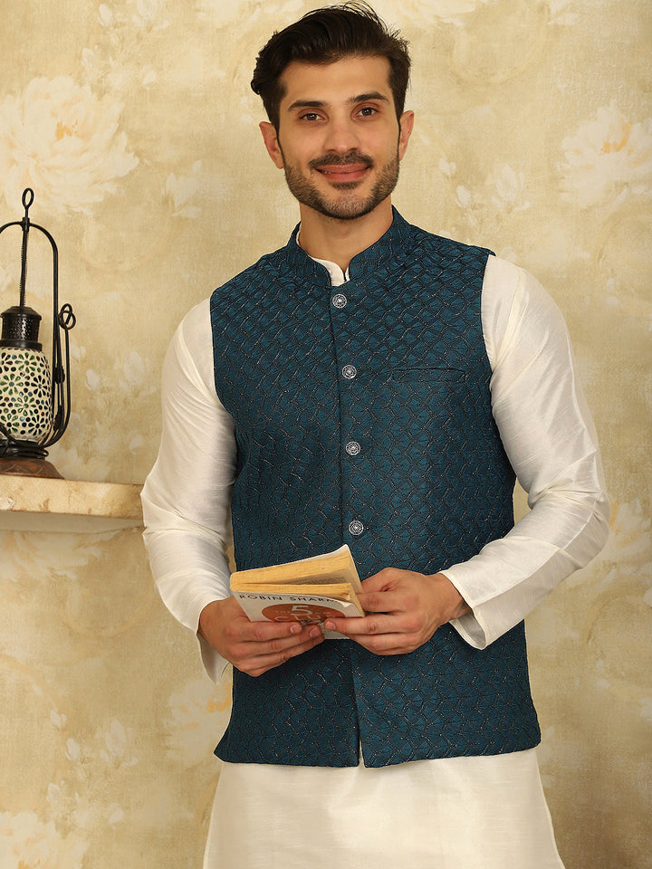 Blue Woven Design Nehru Jacket With Kurta Pyjama Set