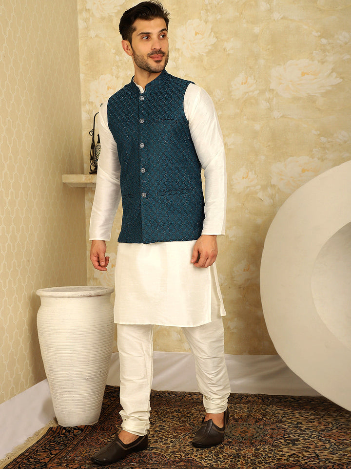 Blue Woven Design Nehru Jacket With Kurta Pyjama Set