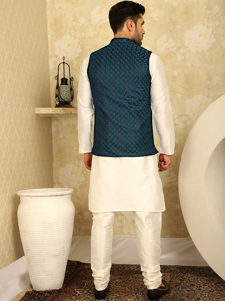Blue Woven Design Nehru Jacket With Kurta Pyjama Set