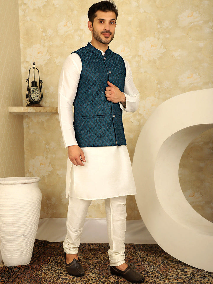 Blue Woven Design Nehru Jacket With Kurta Pyjama Set