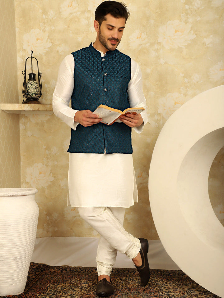 Blue Woven Design Nehru Jacket With Kurta Pyjama Set