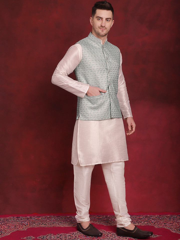 Green Woven Design Nehru Jacket With Kurta Pyjama Set