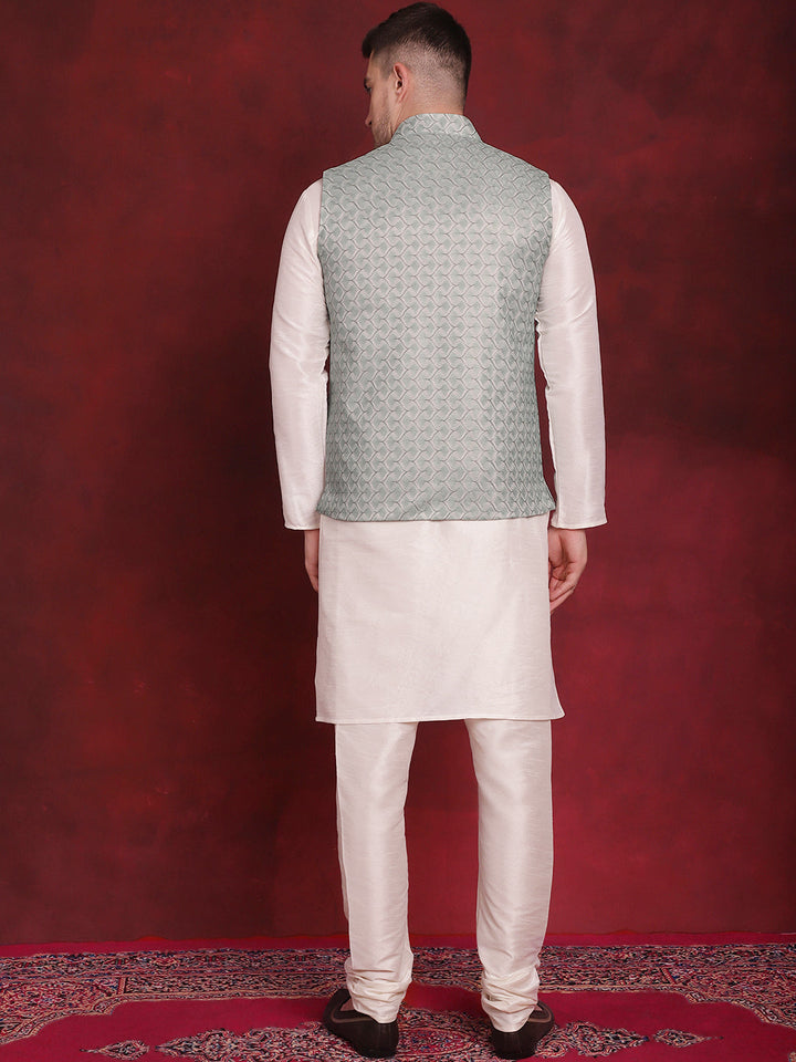 Green Woven Design Nehru Jacket With Kurta Pyjama Set
