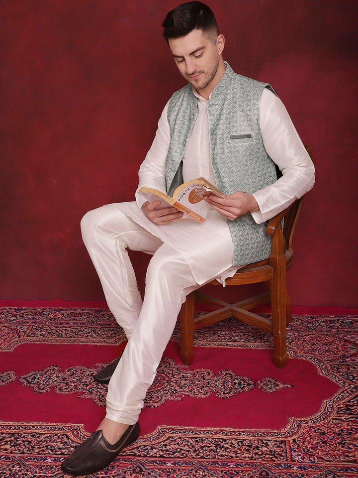 Green Woven Design Nehru Jacket With Kurta Pyjama Set