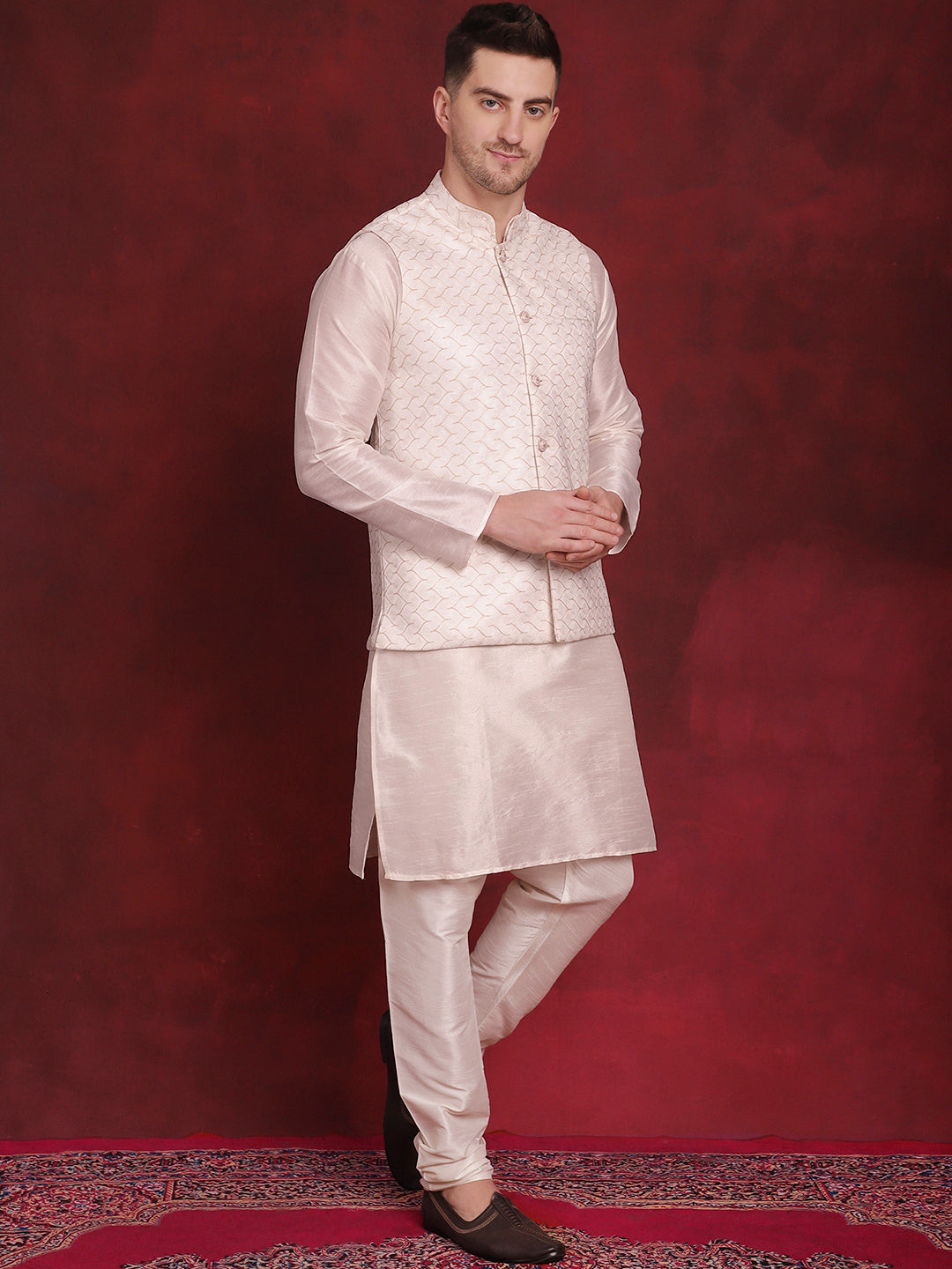 White Woven Design Nehru Jacket With Kurta Pyjama Set