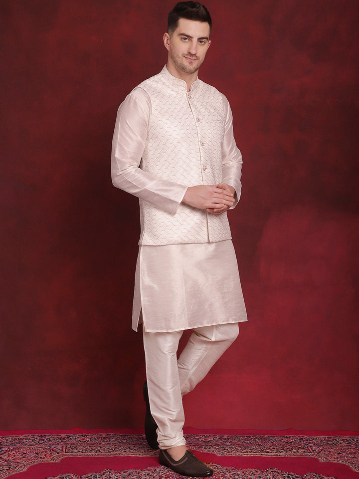 White Woven Design Nehru Jacket With Kurta Pyjama Set
