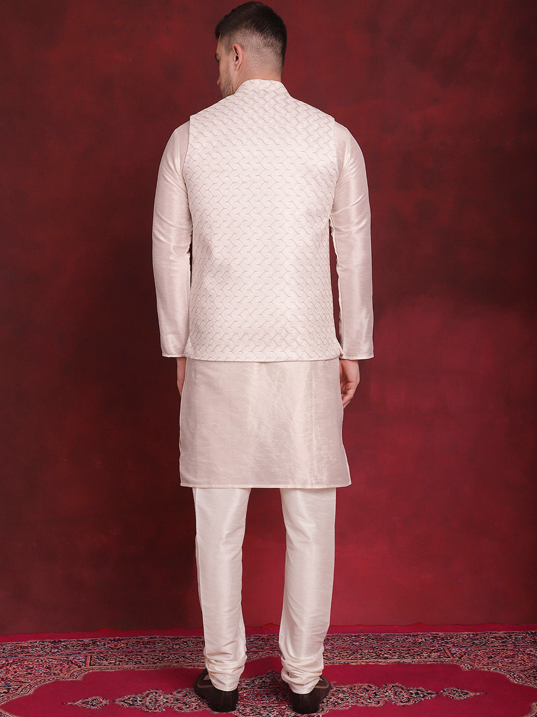 White Woven Design Nehru Jacket With Kurta Pyjama Set