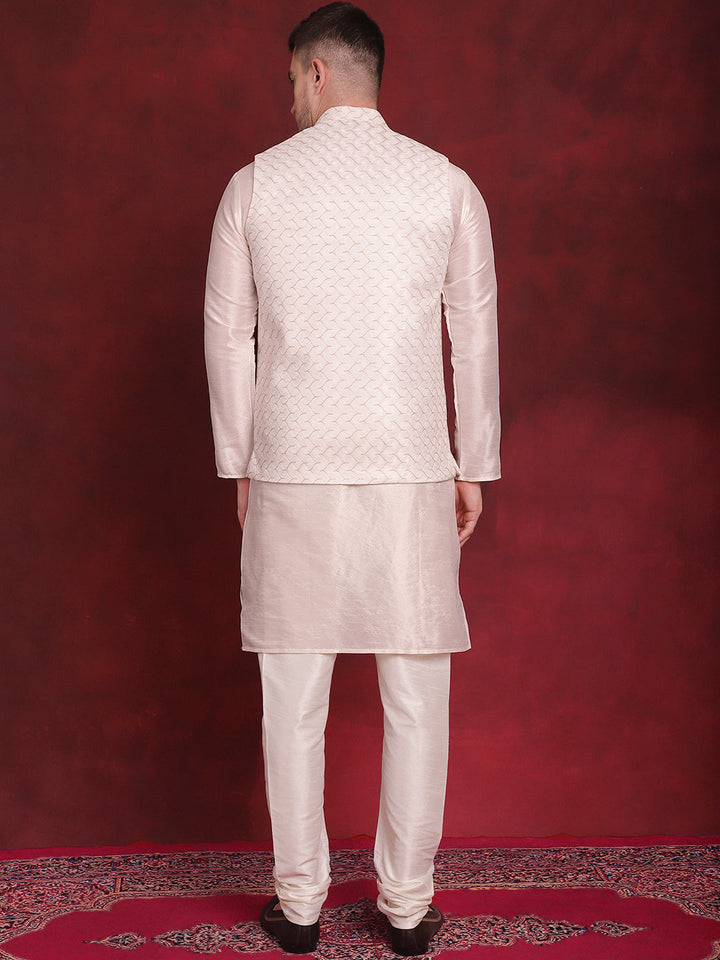 White Woven Design Nehru Jacket With Kurta Pyjama Set