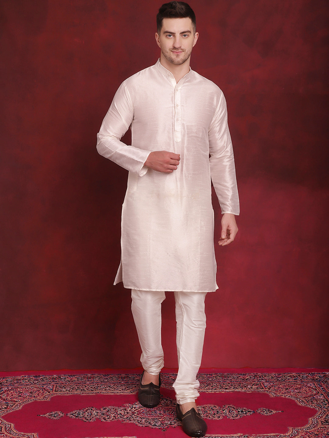 White Woven Design Nehru Jacket With Kurta Pyjama Set