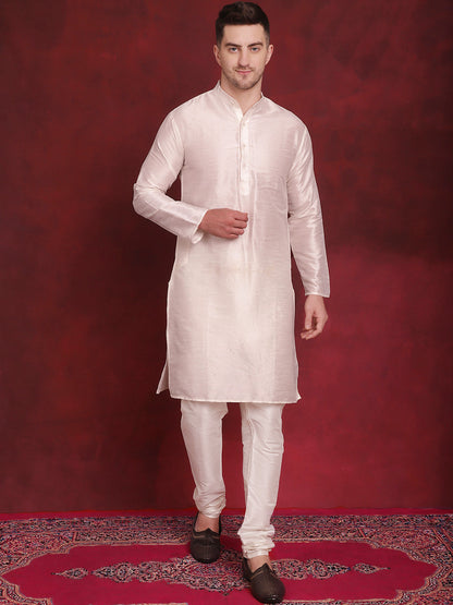 White Woven Design Nehru Jacket With Kurta Pyjama Set