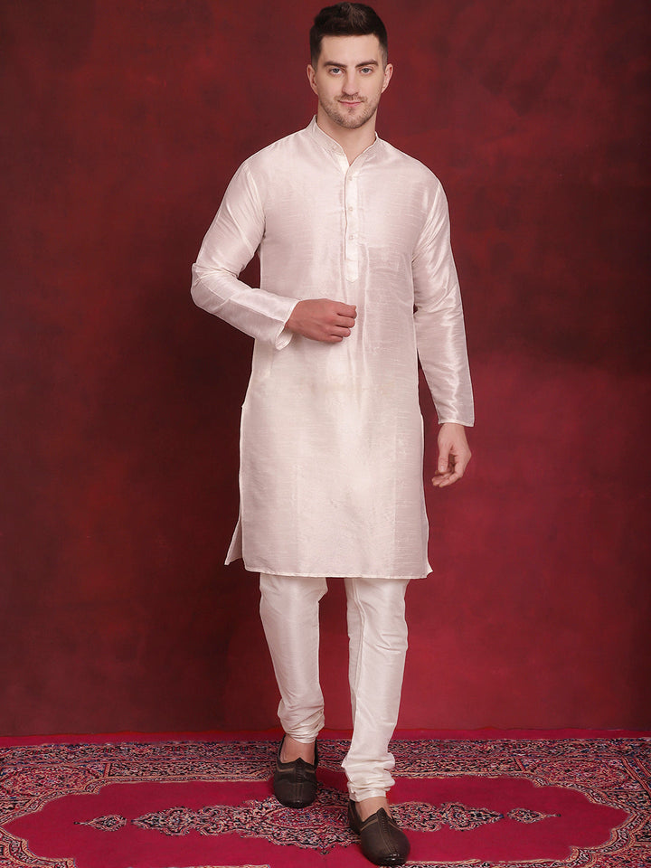 White Woven Design Nehru Jacket With Kurta Pyjama Set