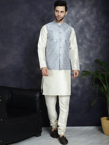Men'S Sequins And Embroidered Nehru Jacket With Solid Kurta Pyjama.