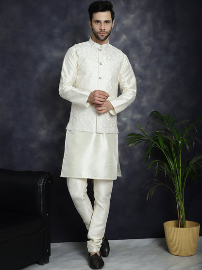 Men'S Sequins And Embroidered Nehru Jacket With Solid Kurta Pyjama.