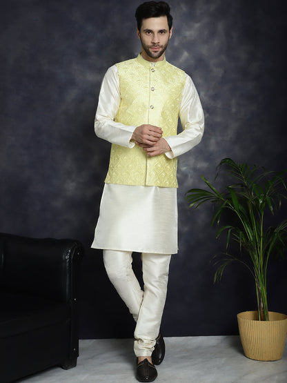 Men'S Sequins And Embroidered Nehru Jacket With Solid Kurta Pyjama.