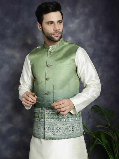Men'S Printed Nehru Jacket With Solid Kurta Pyjama.