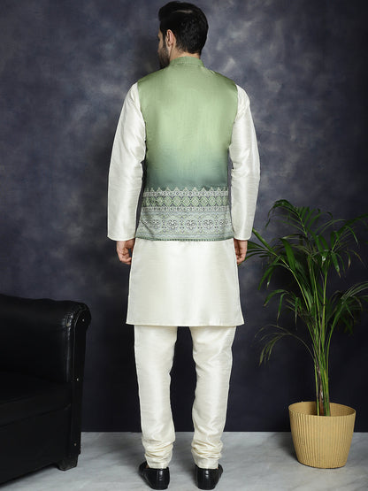 Men'S Printed Nehru Jacket With Solid Kurta Pyjama.