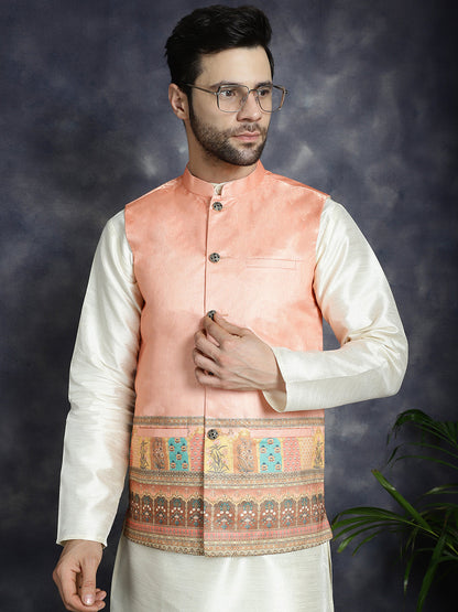Men'S Printed Nehru Jacket With Solid Kurta Pyjama.