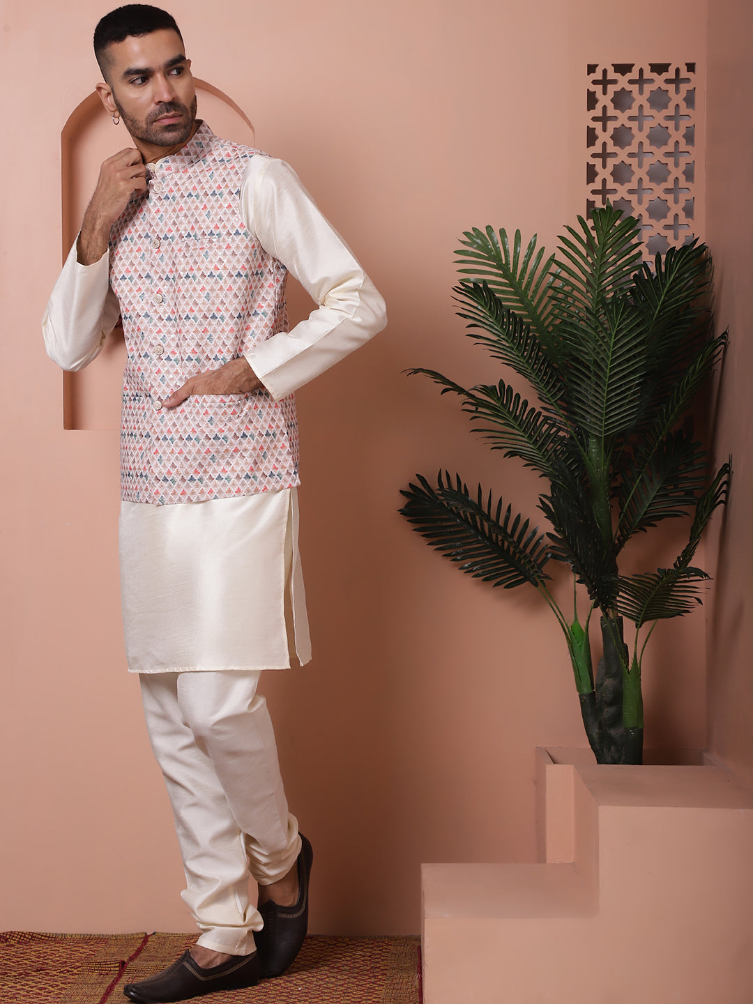 Sequins And Printed Nehru Jacket With Solid Kurta Pyjama.