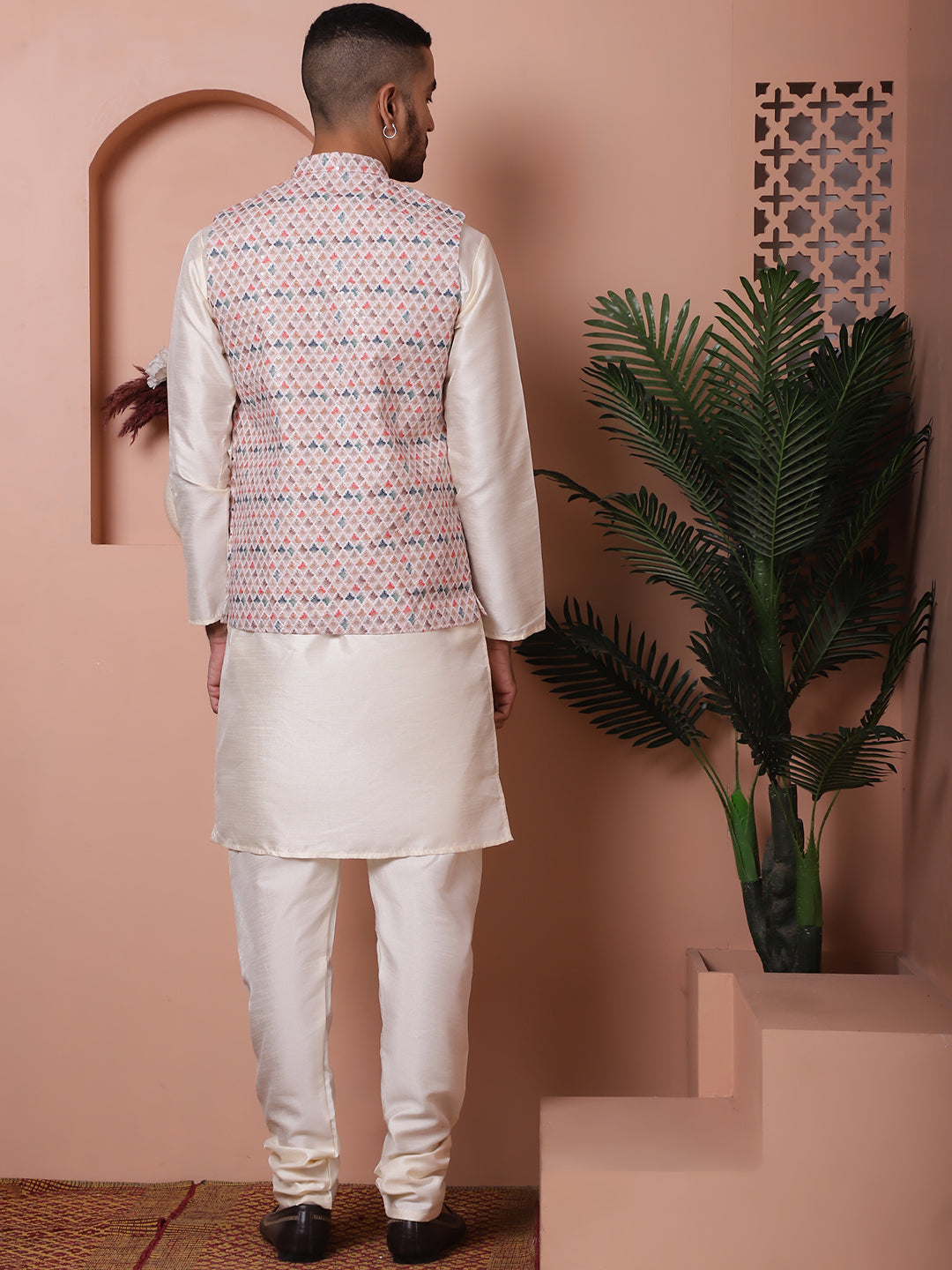 Sequins And Printed Nehru Jacket With Solid Kurta Pyjama.