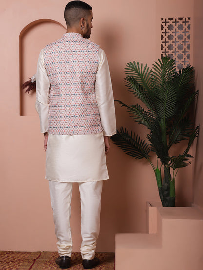Sequins And Printed Nehru Jacket With Solid Kurta Pyjama.