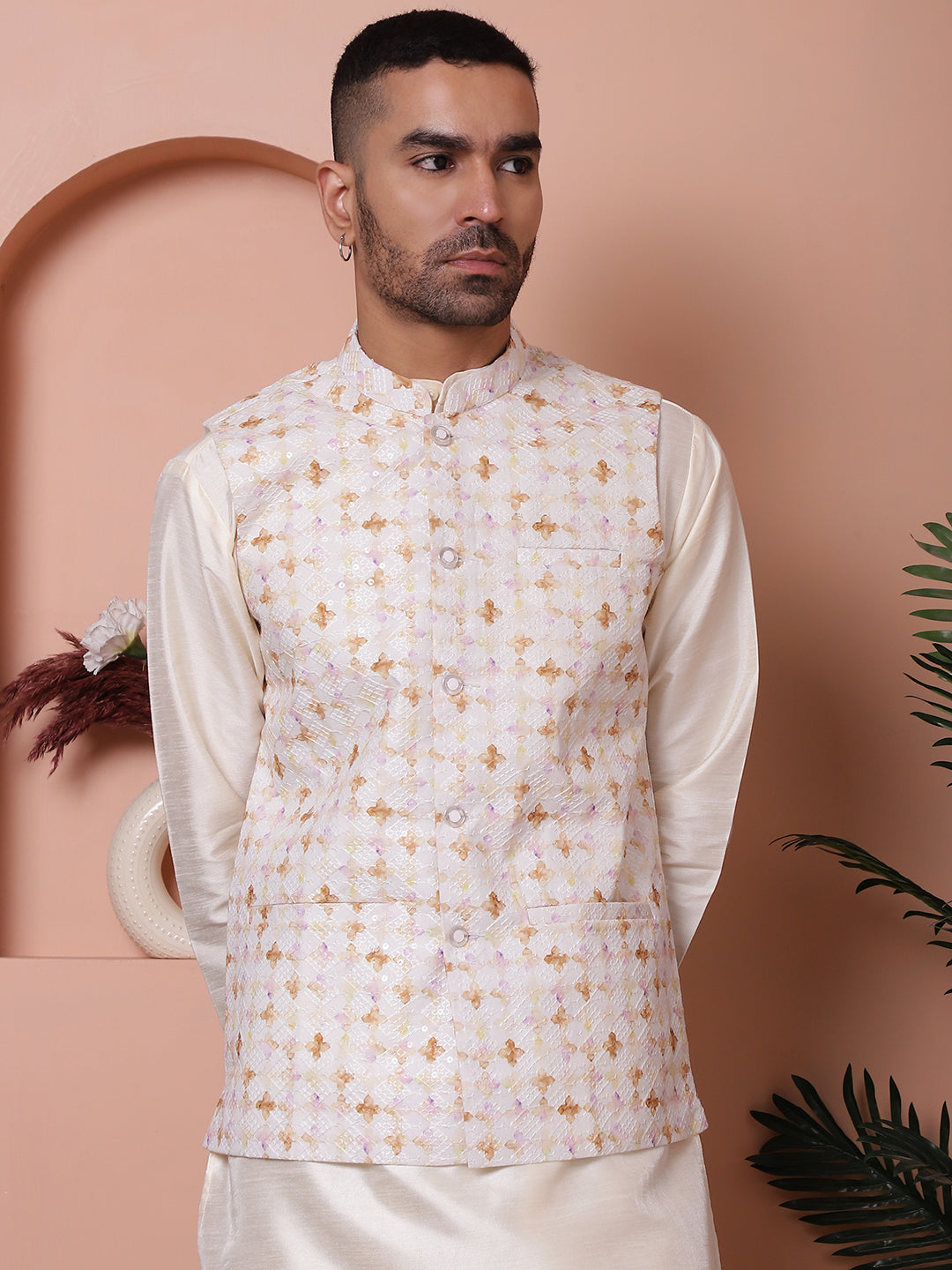 Sequins And Printed Nehru Jacket With Solid Kurta Pyjama.