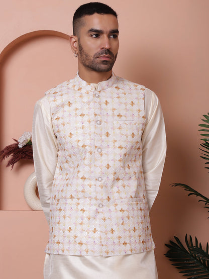 Sequins And Printed Nehru Jacket With Solid Kurta Pyjama.