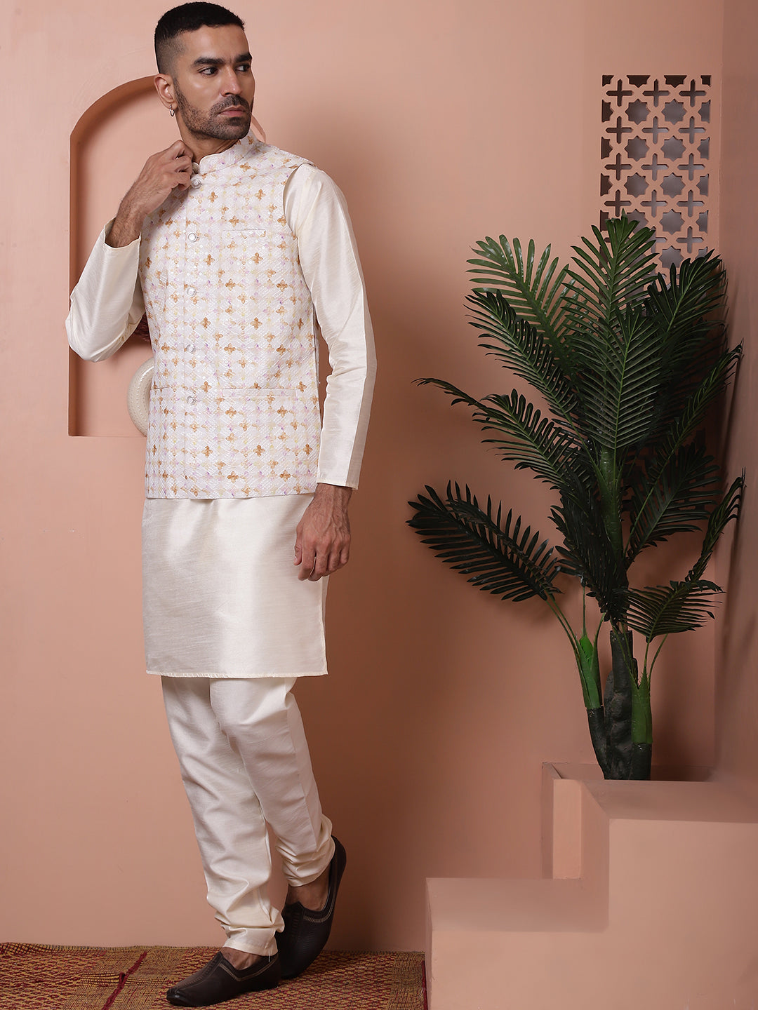 Sequins And Printed Nehru Jacket With Solid Kurta Pyjama.