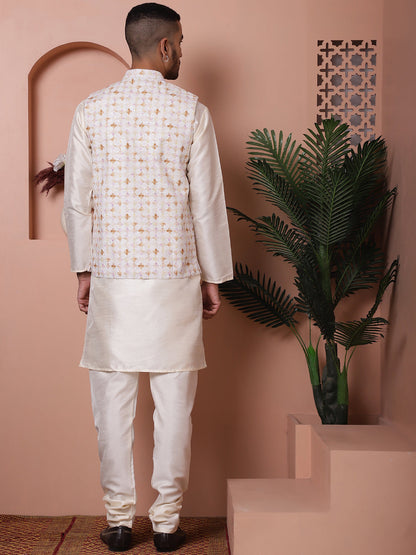 Sequins And Printed Nehru Jacket With Solid Kurta Pyjama.