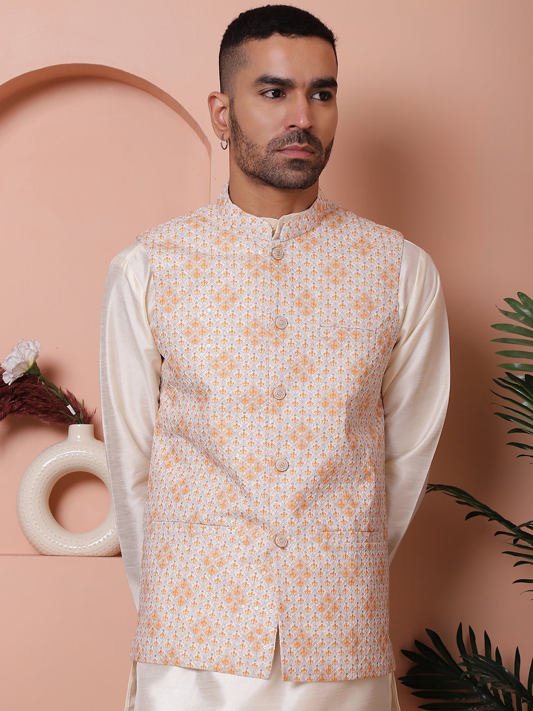 Sequins And Printed Nehru Jacket With Solid Kurta Pyjama.
