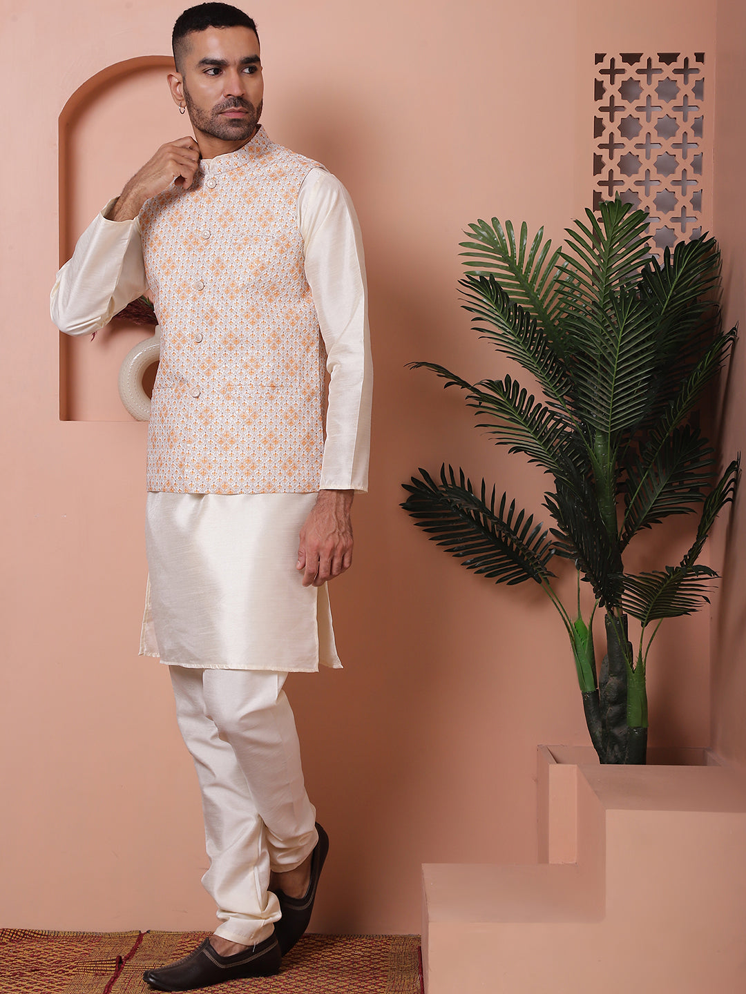 Sequins And Printed Nehru Jacket With Solid Kurta Pyjama.