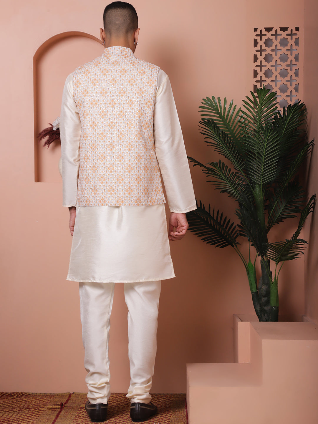 Sequins And Printed Nehru Jacket With Solid Kurta Pyjama.