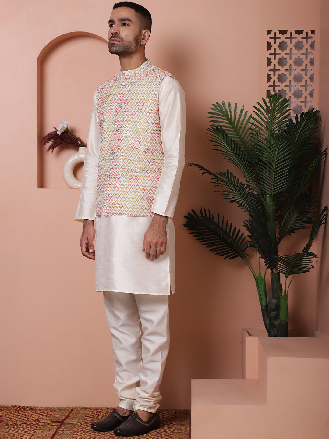 Sequins And Printed Nehru Jacket With Solid Kurta Pyjama.