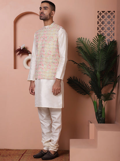 Sequins And Printed Nehru Jacket With Solid Kurta Pyjama.